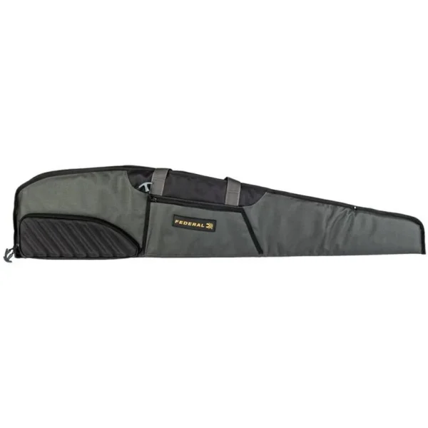 Federal Field & Range Scoped Rifle Case, grey side view with black panels, handles and zipper