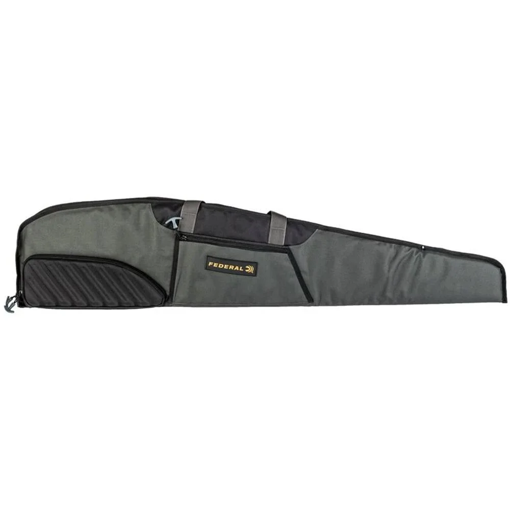federal-field-range-scoped-rifle-case-44-grey-primary Federal Field & Range Scoped Rifle Case, grey side view with black panels, handles and zipper