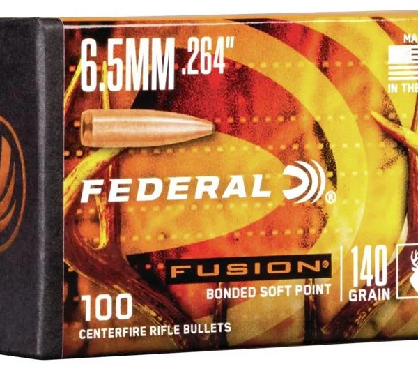 Federal Cartridge Co. Fusion, orange and black box in front view with bullet graphic