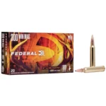 Federal Fusion Rifle Ammunition, orange and black box with two cartridges, one upright