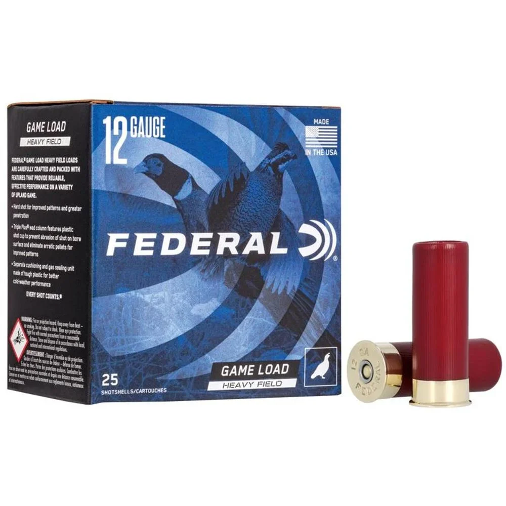 federal-game-shok-upland-heavy-field-load-12-ga-primary Federal Game Load Shotshells, blue box with red shells and one shell showing the brass base