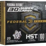 Federal Personal Defense HST ammunition, front view of black and gold 30 Super Carry box