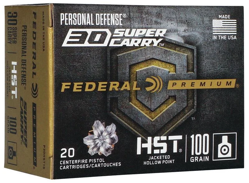 federal-personal-defense-hst-30-sc-100-gr-jhp-primary-1 Federal Personal Defense HST ammunition, front view of black and gold 30 Super Carry box