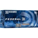 Federal FED PWRSHK 360 BCKHMMR ammunition box, front view in blue with white branding