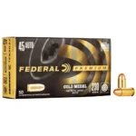 Federal Premium Gold Medal Handgun Ammunition, black and gold box with two cartridges