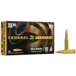 Federal Premium Gold Medal Sierra MatchKing, black ammunition box with two brass cartridges