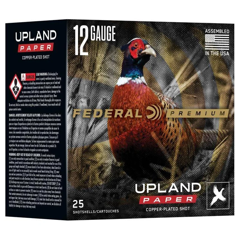 federal-premium-upland-paper-shotshells-12ga-primary-1 Federal Premium Upland Paper Shotshells, front and rear box views with pheasant artwork