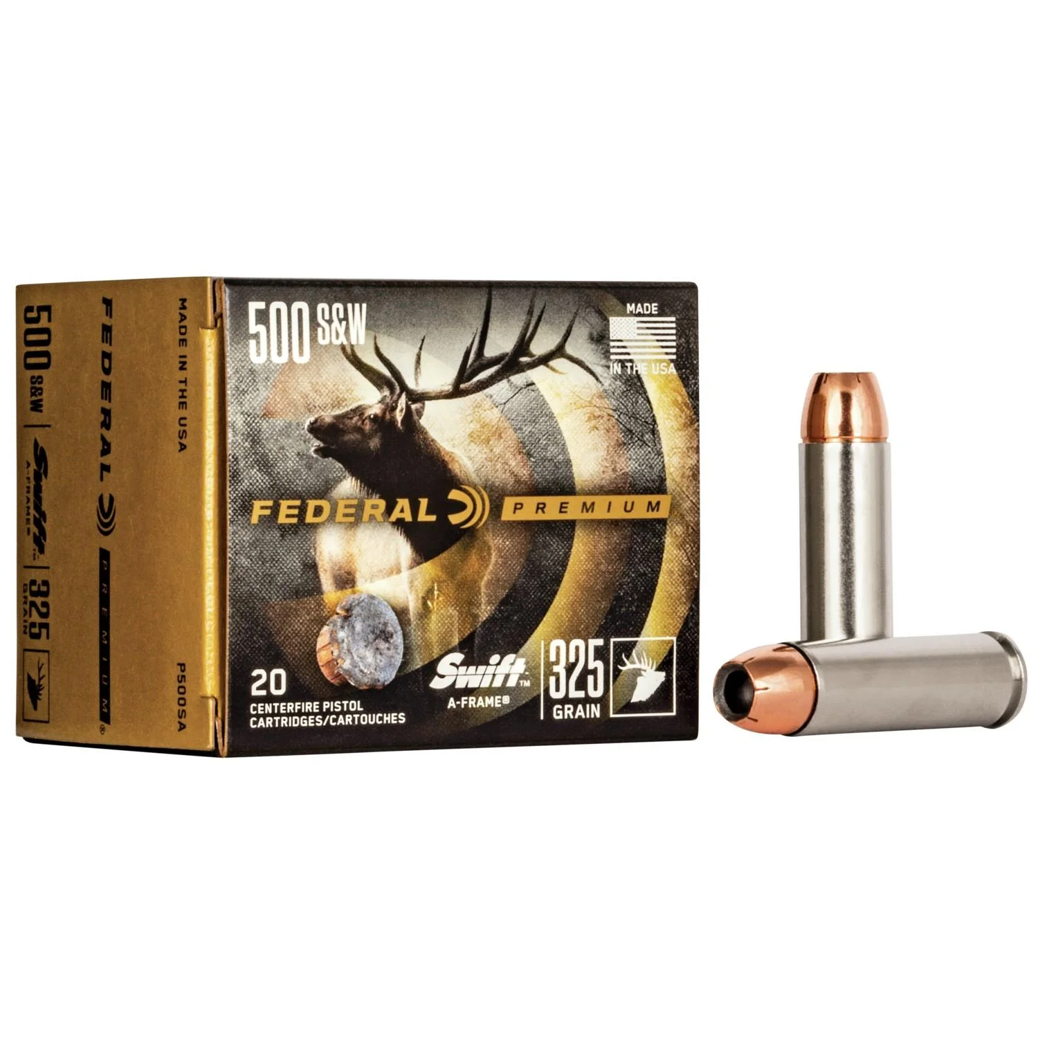 federal-premium-vital-shok-500-sw-ammunition-primary Federal Premium Swift A-Frame handgun ammunition box with three visible cartridges