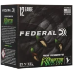 Federal Raptor Steel, front and left-side view of black shotshell box with turkey graphics