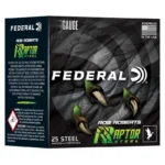 Federal FED RAPTOR STEEL ammunition box, black with green Raptor Steel branding, front view