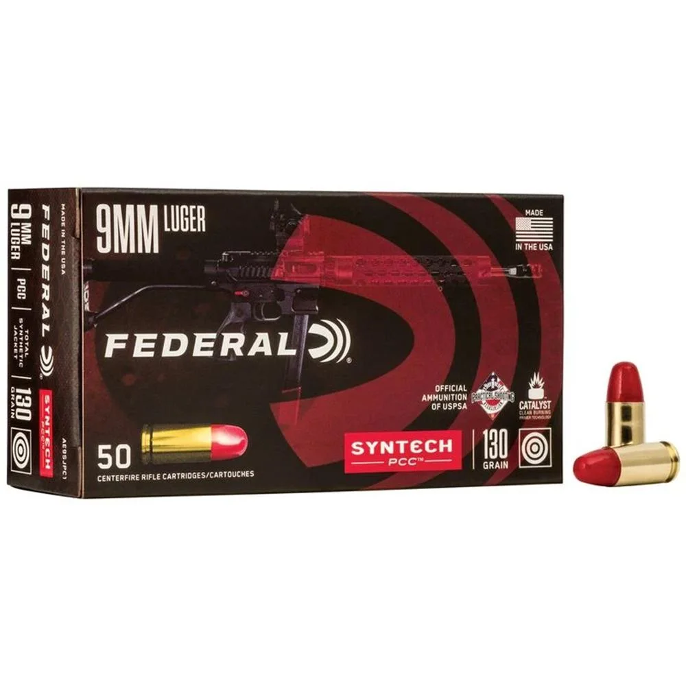 federal-syntech-pcc-9mm-luger-ammo-primary Federal Syntech PCC black and red ammunition box with two red-tipped cartridges