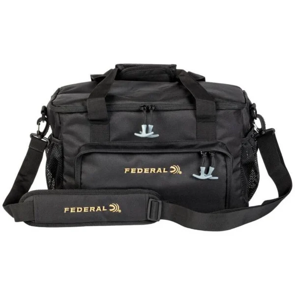 Federal Top Gun Range Bag, black front view with handles, shoulder strap and zippered pockets