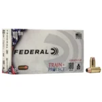 Federal Train+Protect Handgun Ammunition, white box front with two brass cartridges