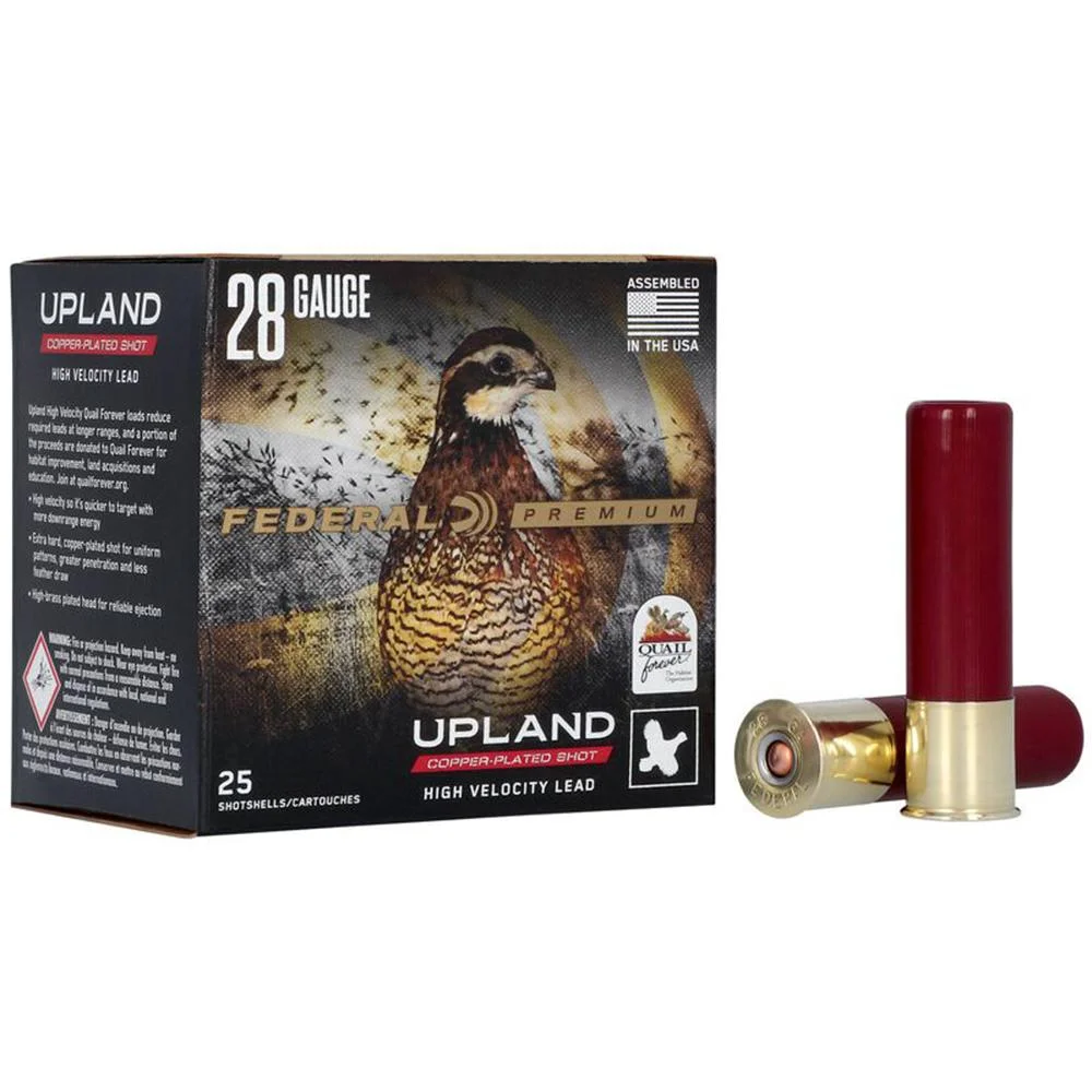 federal-wing-shok-hi-brass-28-ga-primary Federal Premium Upland Quail Forever shotshell box with three red shells, front view