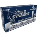 Fiocchi Shooting Dynamics rifle ammunition, angled view of blue box with deer graphic