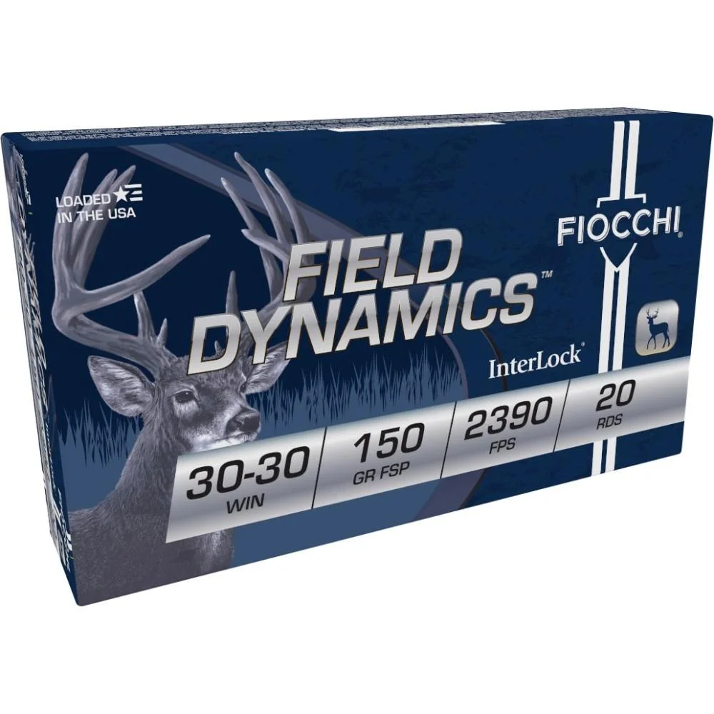 fiocchi-field-dynamics-30-30-win-150gr-fsp-rifle-ammo-primary Fiocchi Field Dynamics FSP rifle ammunition, blue box front with deer graphic