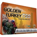 Fiocchi Golden Turkey Tungsten TSS Shotshells, angled view of orange box with turkey graphic