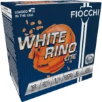 Fiocchi White Rino Lite Shotshells, blue and white ammunition box, angled front view