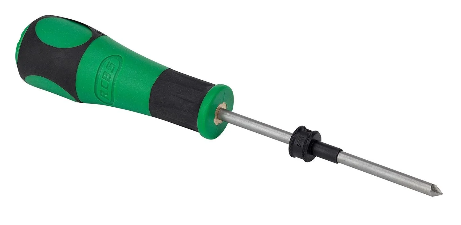 flash-hole-deburring-tool-22-cal-primary RCBS Flash Hole Deburring Tool, silver shaft with green and black screwdriver-style handle