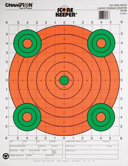 Champion Scorekeeper Targets, front view with fluorescent orange and green bullseyes