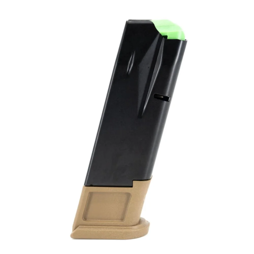 fn-reflex-xl-handgun-magazine-fde-9mm-luger-10-rd-primary FN USA FN Reflex XL magazine, angled side view with black body, FDE base and green follower