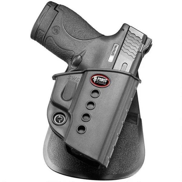 Fobus Evolution Holster Rot-Paddle, black front view with paddle and handgun visible