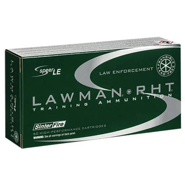 Cci Speer Lawman Handgun Ammunition, front view of green and white Lawman RHT box
