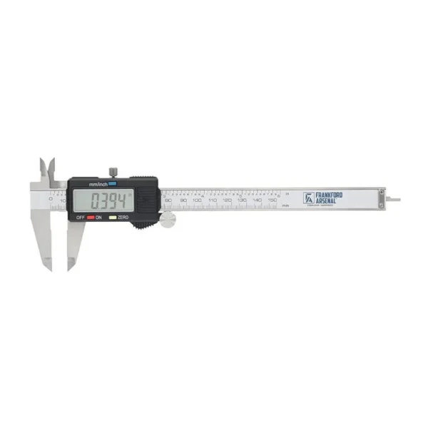 AOB Frankford Arsenal Electronic Digital Calipers, silver side view with open jaws and LCD screen