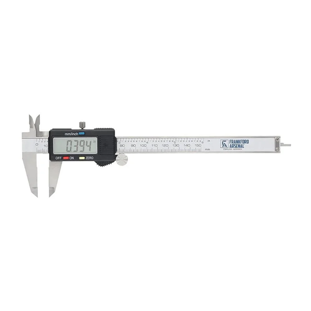 frankford-arsenal-electronic-calipers-primary AOB Frankford Arsenal Electronic Digital Calipers, silver side view with open jaws and LCD screen
