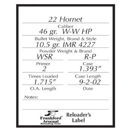FRANKFORD RFL/PSTL RELOAD LABEL100PK white reloader label, front view with printed entry fields