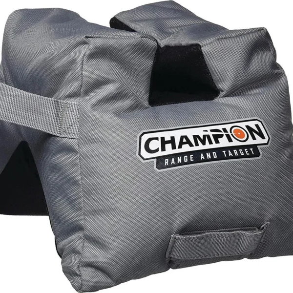 Champion FRONT V-BAG gray front view with black top cradle, logo patch and carry straps