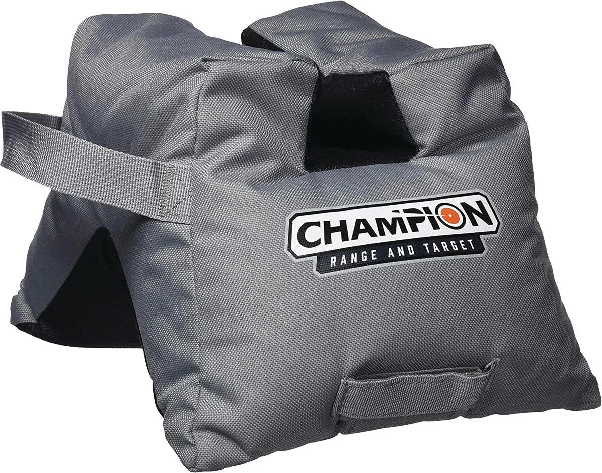 front-v-bag-shooting-rest-primary Champion FRONT V-BAG gray front view with black top cradle, logo patch and carry straps
