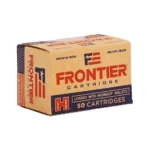 Hornady Frontier Rifle Ammunition, angled view of tan and navy cartridge box