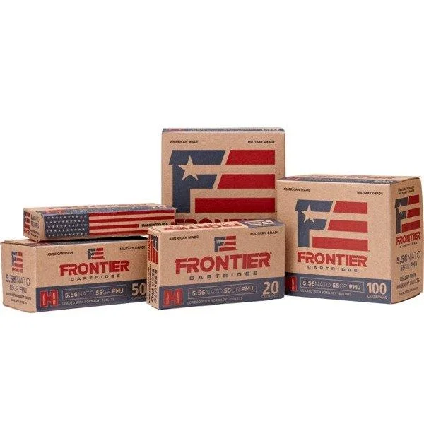 frontier-nato-5-56mm-75gr-bthp-match-ammo-primary FRONTIER 556NATO 75GR BTHP MTCH 20/5 tan and red ammunition boxes, front view