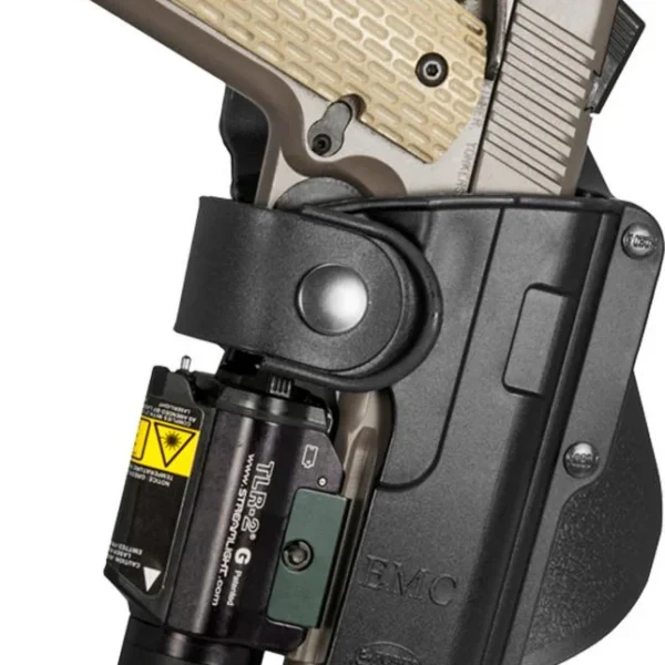 Fobus Fullsize 1911 paddle holster, black right-side view with handgun and mounted light
