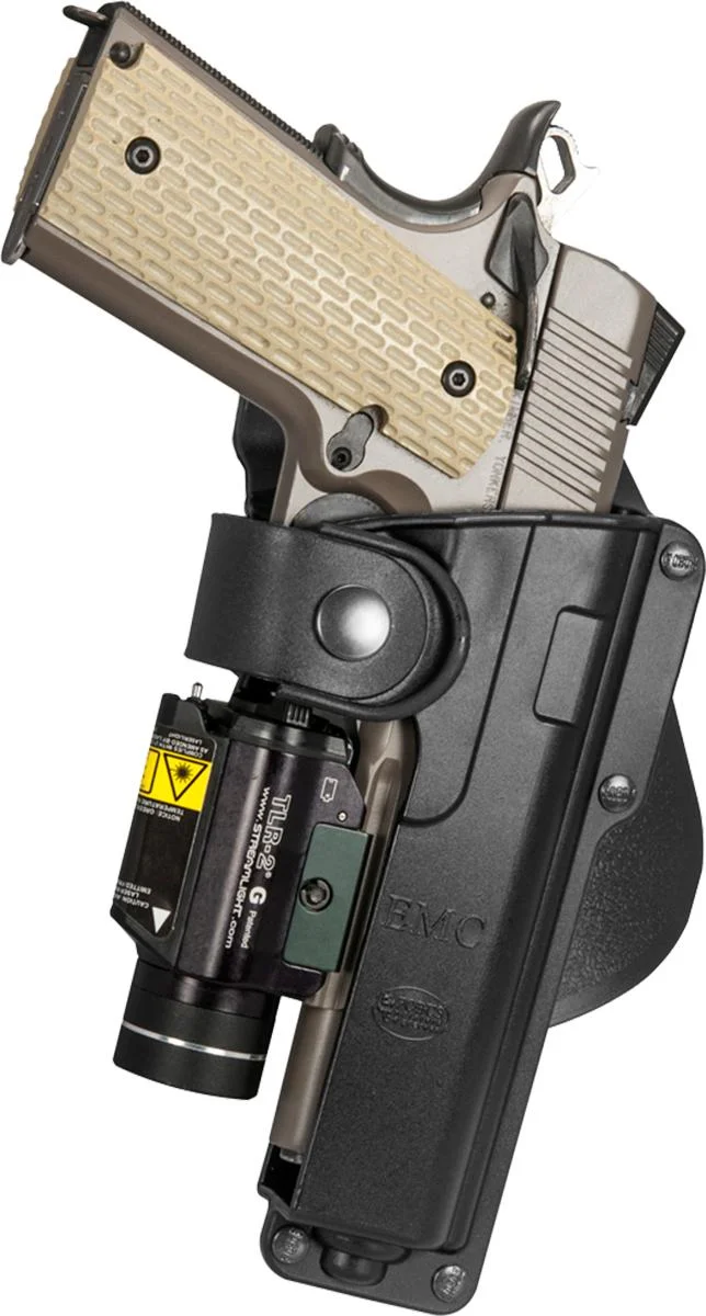 full-size-1911-holster-laser-light-paddle-primary-1 Fobus Fullsize 1911 paddle holster, black right-side view with handgun and mounted light