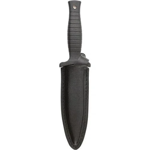 full-tang-spear-point-fixed-blade-knife-primary Battenfeld Knives Smith & Wesson H.R.T. black fixed-blade knife shown vertically in sheath