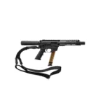 Freedom Ordnance FX9 Handgun black with amber magazine and sling, right-side view