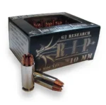 G2 Research R.I.P. Handgun Ammunition, black box with one upright and two loose cartridges