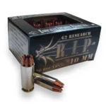 G2 Research R.I.P. Handgun Ammunition, black box with one upright and two loose cartridges