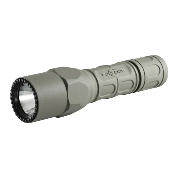 Surefire G2X Pro LED Flashlight, angled side view in foliage green with flared bezel and clip