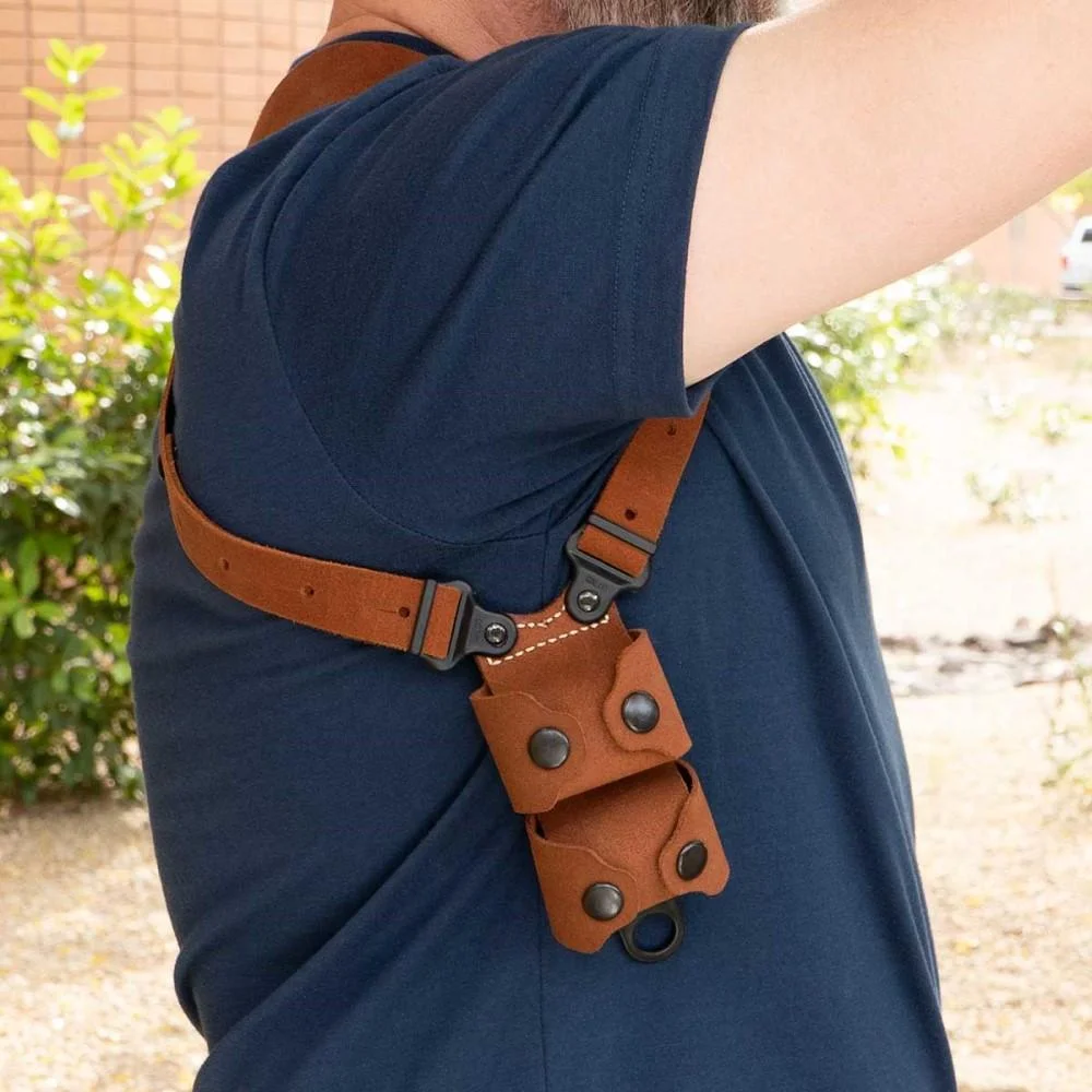 galco-classic-lite-holster-primary-1 Galco Classic Lite 2.0 natural leather shoulder holster, right-side view worn under a raised arm