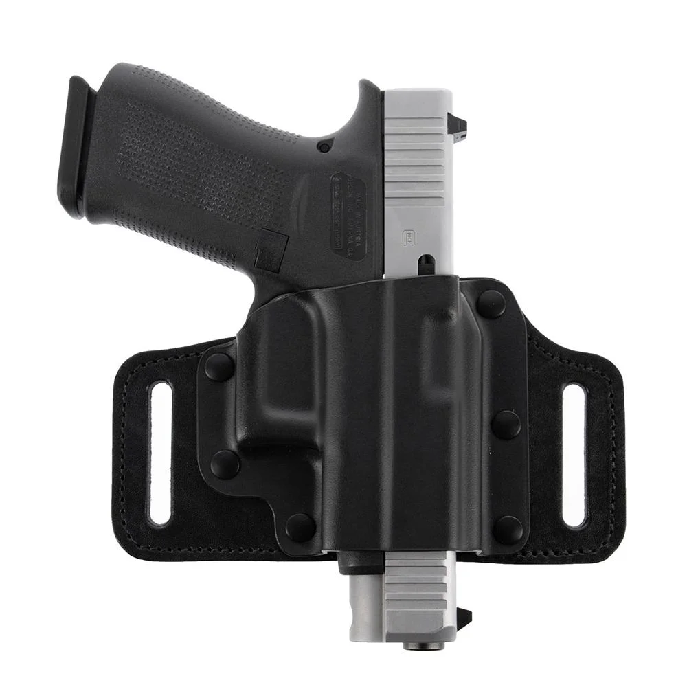 galco-tacslide-belt-holster-for-sw-mp-shield-9-40-primary Galco Tacslide Belt Holster, black front view holding a two-tone pistol