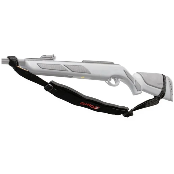 Gamo Gun Buddy Air Rifle Sling, black, attached beneath a gray air rifle in right-side view