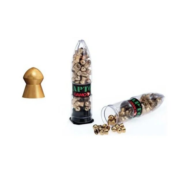 Gamo PBA Raptor Pellets, gold pellets beside one upright and one tipped clear container