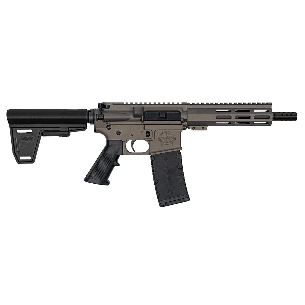 glfa-223-wylde-braced-pistol-primary 10 Ring GLFA 223 Wylde Braced Pistol, tungsten left-side view with black brace and magazine