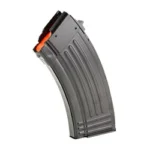 Global Ordnance GO MAG AK black curved steel magazine, angled side view with orange follower