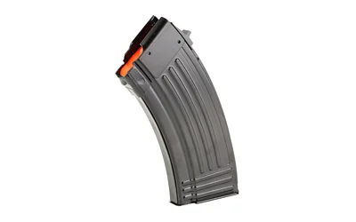 global-ordnance-ak-47-magazine-primary-2 Global Ordnance GO MAG AK black curved steel magazine, angled side view with orange follower