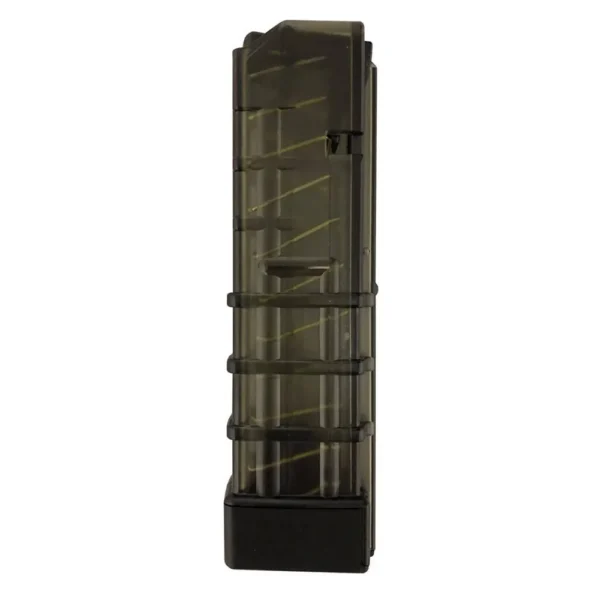 Global Ordnance Handgun Magazine for Grand Power Stribog, front view of translucent dark magazine