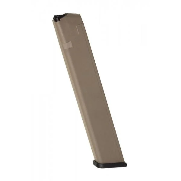 Promag Glock 17/19/26 Magazine, long tan magazine in angled side view with black base